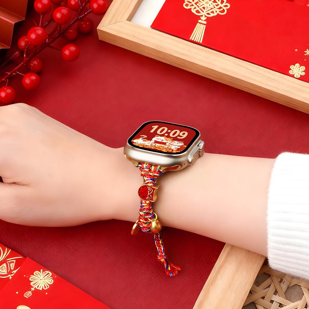 Плетеный ремешок для Apple Watch к Китайскому Новому году, Series 11 10 42 мм / 9 8 7 41 мм / SE3 SE2 SE 6 5 4 40 мм / 3 2 1 38 мм, ремешок для часов с подвесками