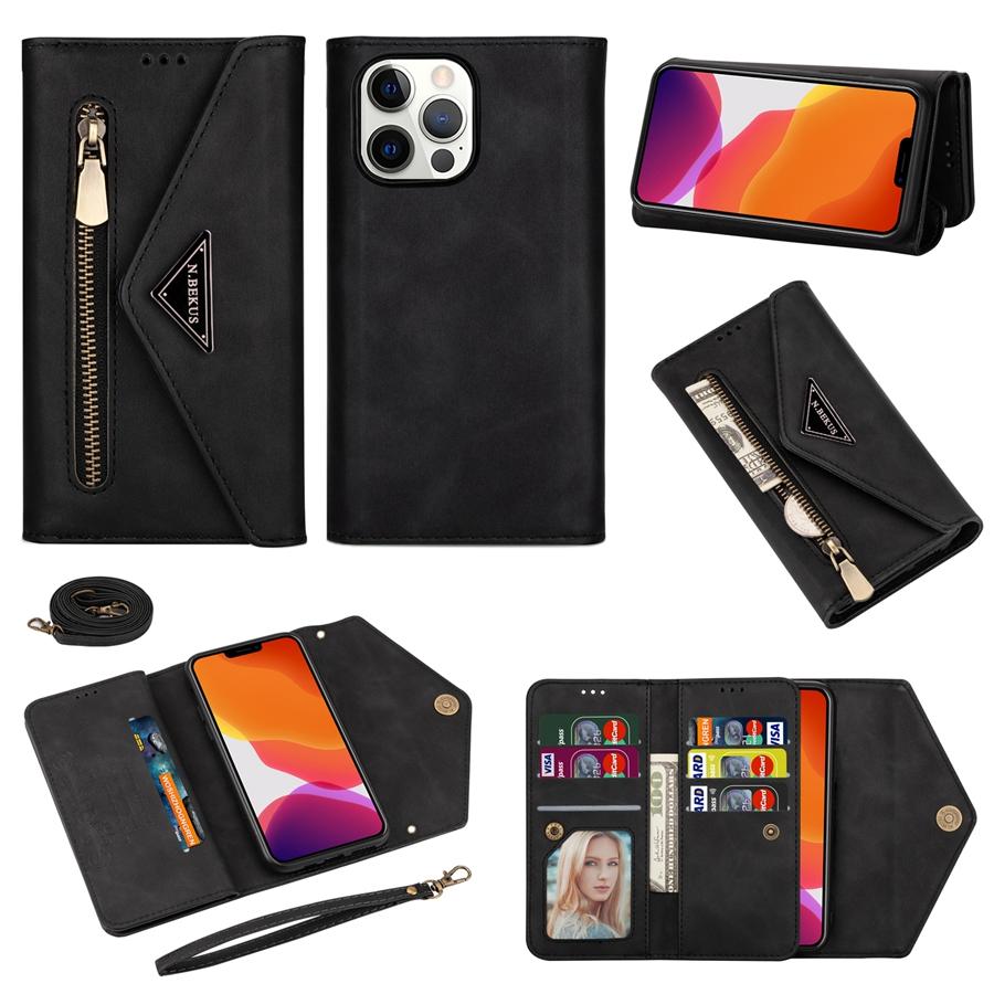 Wallet Skin-feeling Multi-card Zipper With Lanyard Leather Case For iPhone 14 Pro Max Samsung Galaxy A13 A33 A53 Xiaomi Redmi Note 11 Huawei P30 Lite
