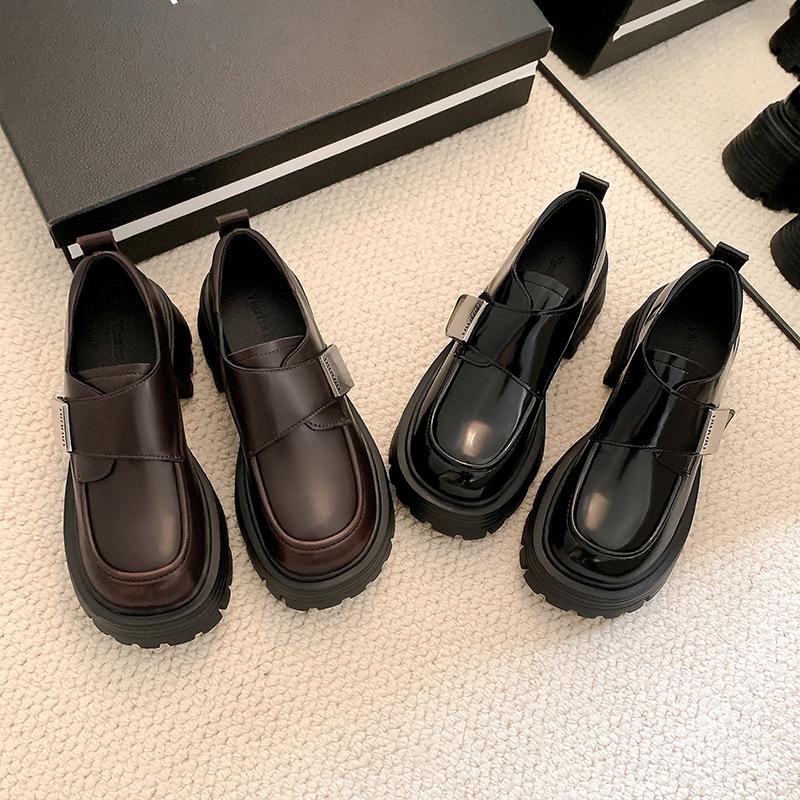Platform Loafers Women's All-Matching Genuine Leather Small Leather Shoes Chunky Heel Fashion Round Toe Shoes