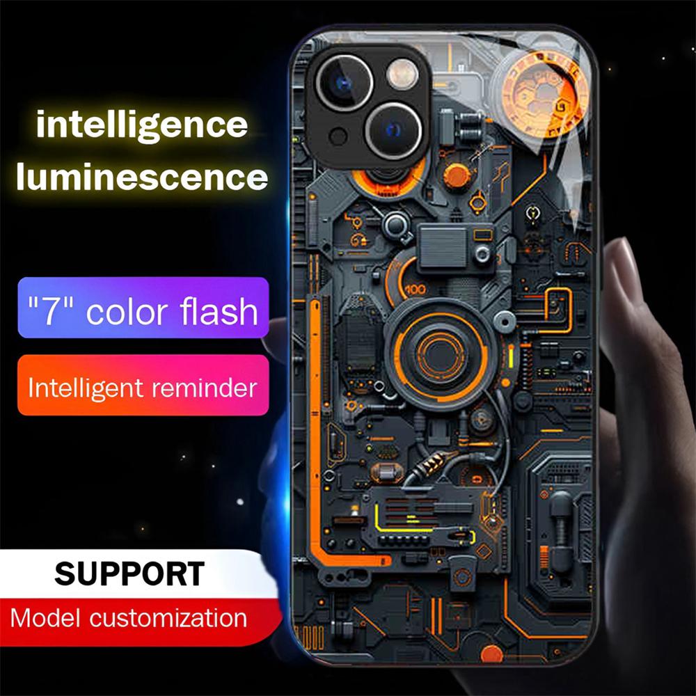 Luxury Blue Chip Pattern Luminous Glass LED Call Light Up Flash Phone Case Cover For iPhone Air 17 16 E 15 14 13 12 Pro Max Plus