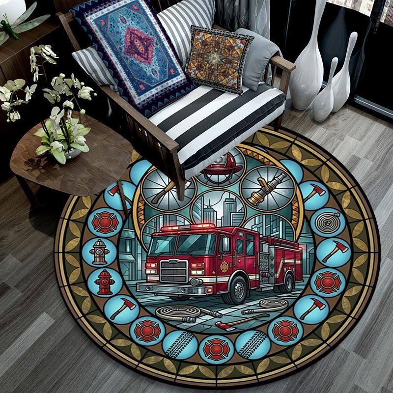 Fire Truck Glass Round Area Rug Under Office Chairs Bedroom Living Room Home Decor