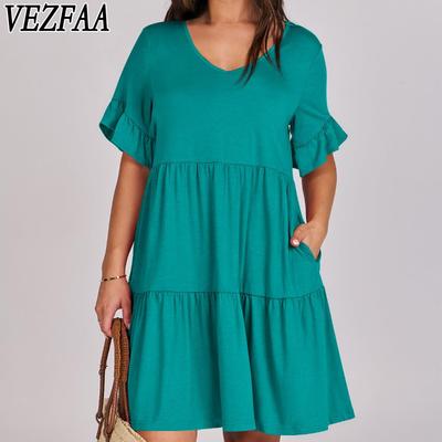 Женская мода лето весна однотонный принт с коротким рукавом и v-образным вырезом свободная талия повседневные платья