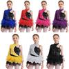 Girls Shiny Sequin Dance Dress Asymmetrical Sleeves Contrast Tulle Skirt Leotard Performance Costume