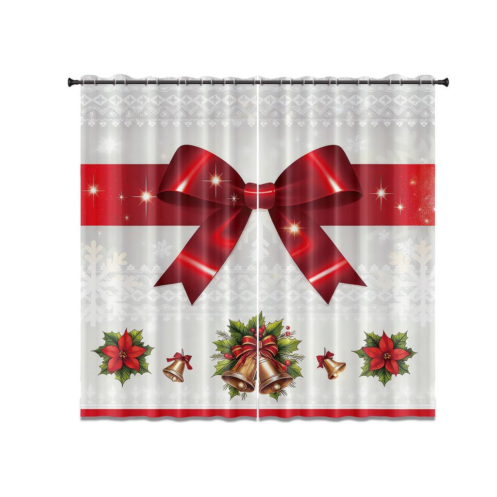 2Pcs Christmas Red Bow Print Blackout Curtains Multiple Size Living Room Bedroom Insulation Holiday Decoration Machine Washable