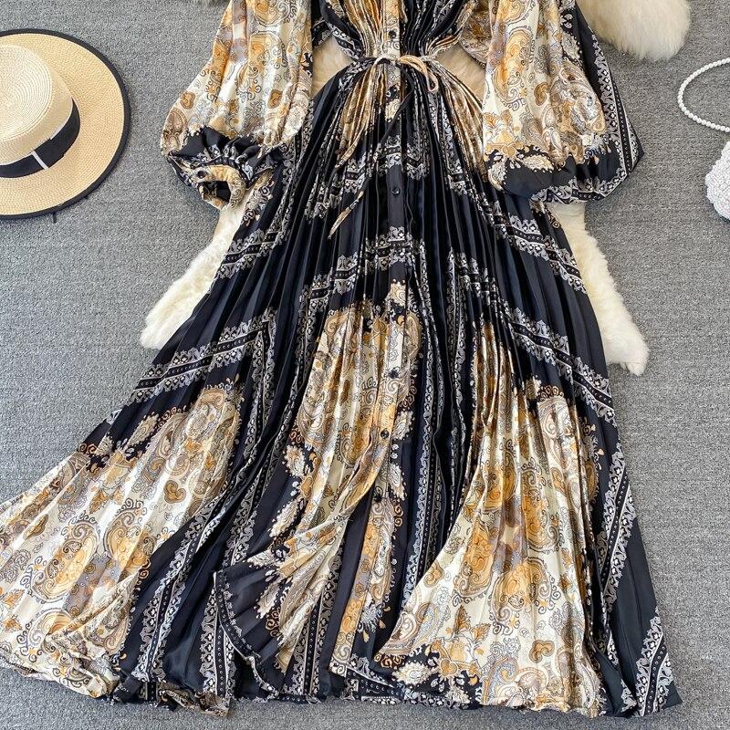 RUGOD 2024 весеннее свободное тонкое атласное однобортное плиссированное платье с круглым вырезом и длинными рукавами, элегантное легкое экстравагантное длинное платье