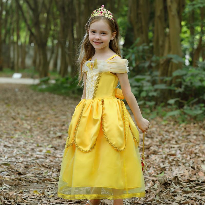 Костюм Красавицы и Чудовища для девочек, карнавальное нарядное платье на Рождество, Хэллоуин, бальное платье красавицы принцессы на день рождения, желтое, 3, 4, 5, 6, 7, 8, 9, 10 лет