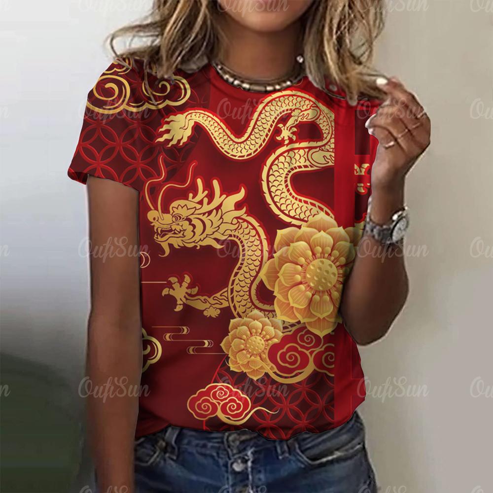 Женская футболка с принтом 3D-дракона в китайском стиле, новый пуловер для женщин с круглым вырезом, повседневный короткий рукав, 2024, модные уличные топы