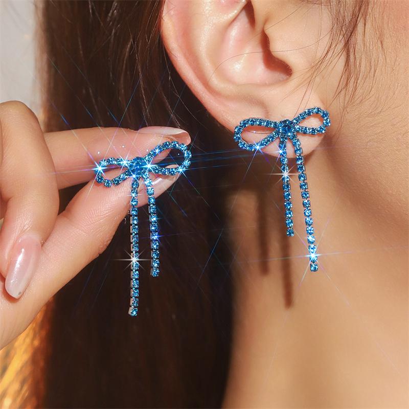 Сладкие серьги-капли с длинной кисточкой из хрустальных страз для женщин и девушек, полые серьги-подвески с кристаллами в виде бантиков, праздничная рождественская бижутерия