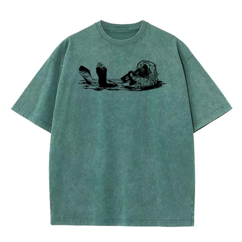 Cute Otter Short Sleeve Tops Tees Round Collar Premium Cotton Men Retro Washed T Shirts Lose Washed TeeShirt Retro