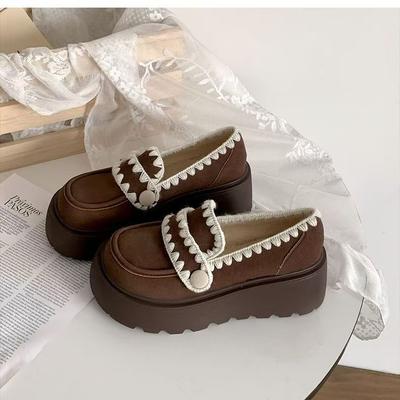 Хлопковая обувь на толстой подошве, бархатные лоферы на одной педали, новые ретро британские туфли на небольшой платформе из кожи для женщин на осень и зиму 2025