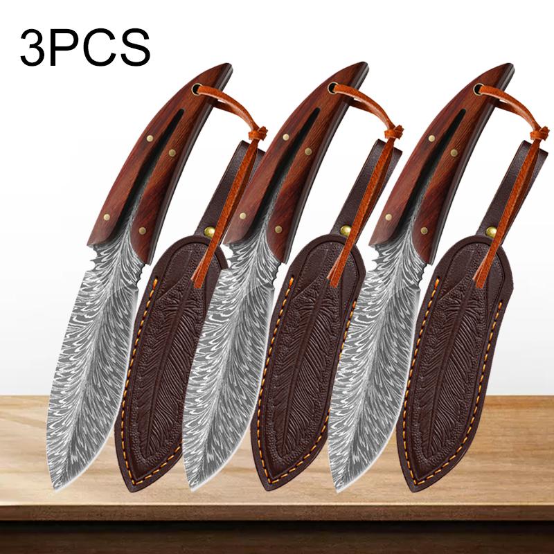 Карманный нож, профессиональные кухонные ножи, нож для разделки мяса из нержавеющей стали с ножнами с перьевым узором, кованый тесак для мяса