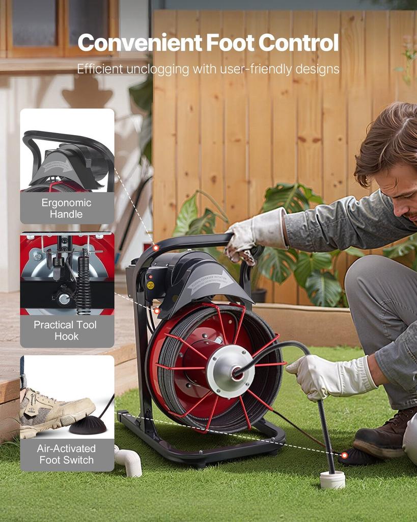 Drain Cleaner Machine 15m x 13mm, Sewer Snake Auger Manual Feed with 4 Cutters & Air-activated Foot Switch for 50mm to 150mm Pipes