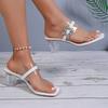 Rhinestone Transparent Heeled Sandals Women Summer Fashion Chunky High Heel Slippers Woman Square Toe Crystal Party Shoes
