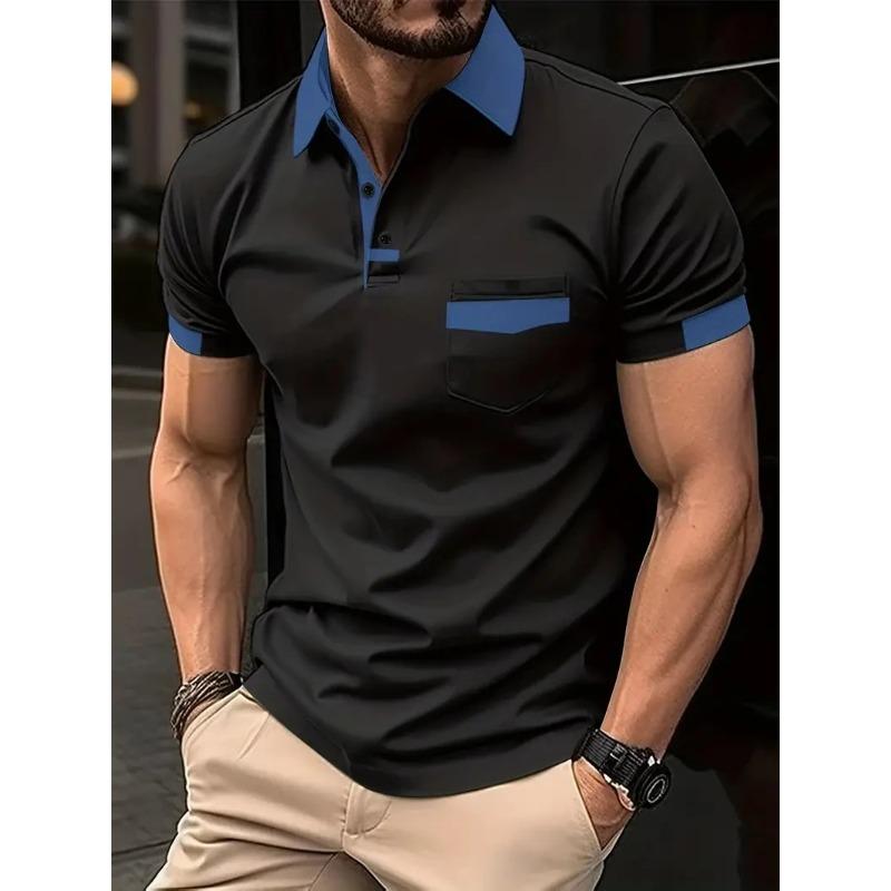 Summer Men's Casual Patchwork Pocket Short Sleeve Polo Shirt Comfortable Breathable Lapel Button Men's Fashion Sports Street Wea