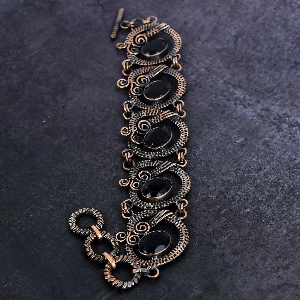 Natural Black Spinel Gemstone Handmade Copper Wire Wrap Bracelet 7-8" U3m48