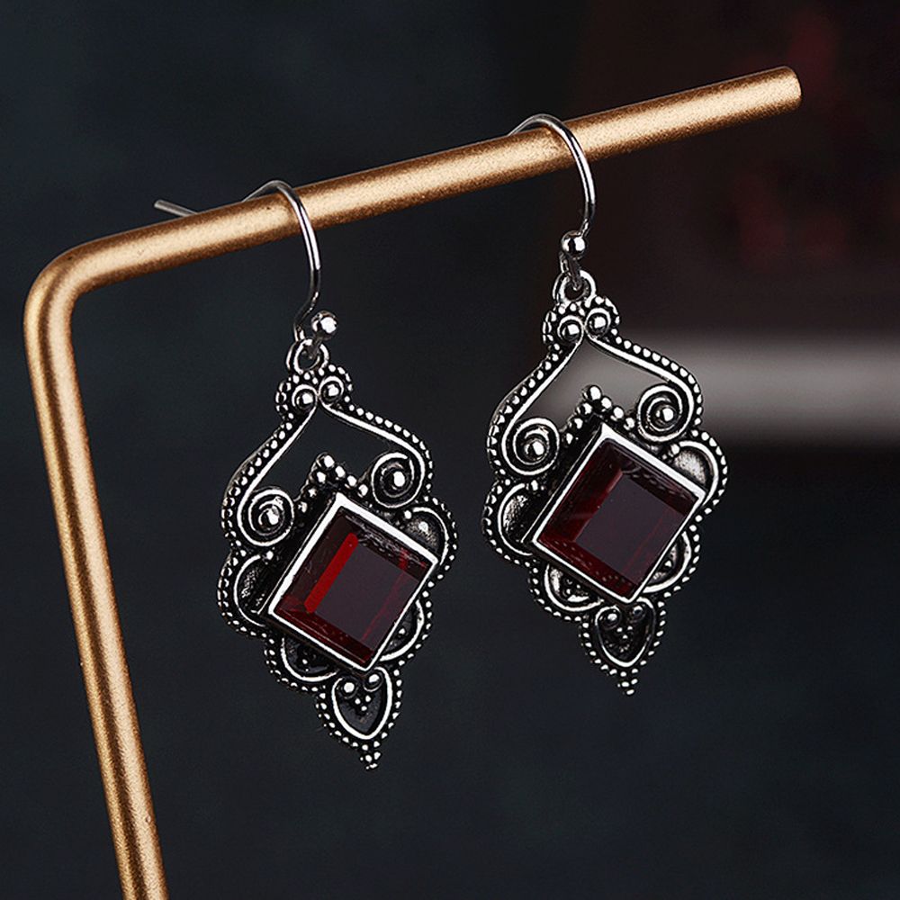 Vintage Hook Chic Engagement Wedding Jewelry Red Agate Earrings Ruby Ear Stud Dangle Gemstone