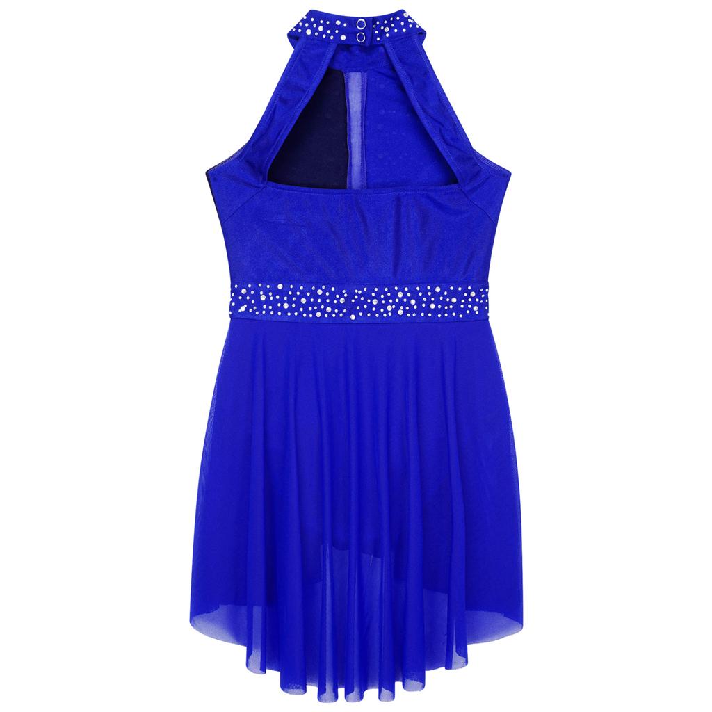 Girls Lyrical Dress Shiny Rhinestone Decor Sleeveless Irregular Hem Dance Leotard Dress Kids Dancewear