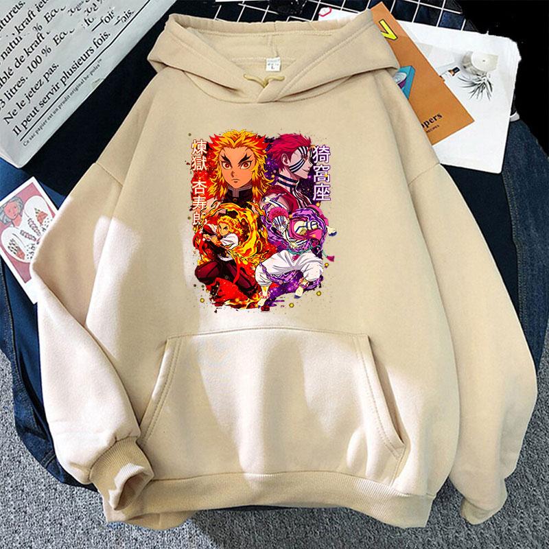 New Anime Rengoku Kyoujurou Akaza Print Hoodies Women Causal Tops Unisex Harajuku Long Sleeve Sweatshirts