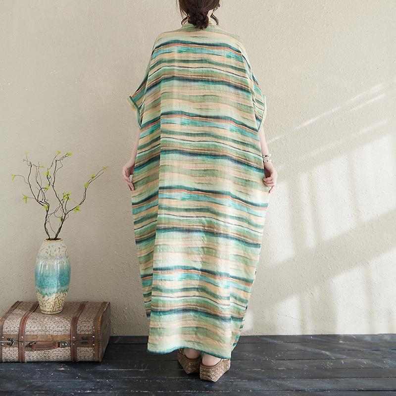 Dimanaf 2025 Женское длинное платье больших размеров Весна-лето Повседневное платье Свободное полосатое базовое хлопковое льняное винтажное макси