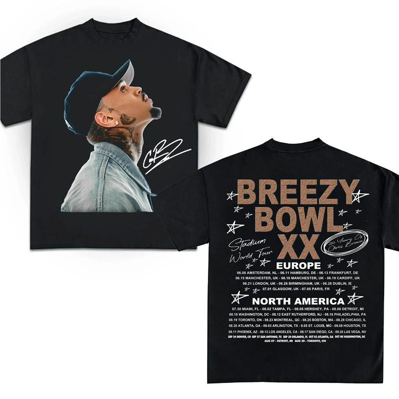Хип-хоп Крис Браун Breezy Bowl XX Концертный Тур Хлопковая Футболка Винтажная С Коротким Рукавом Круглый Вырез Принт Повседневный Стиль для Женщин Мужчин