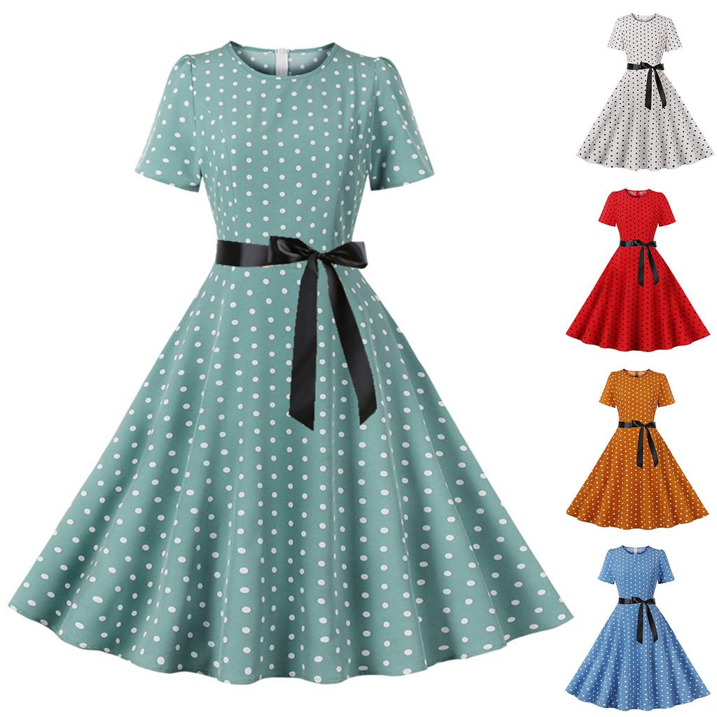 Женское модное повседневное облегающее платье в горошек с круглым вырезом и поясом с коротким рукавом