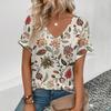 Летний топ с V-образным вырезом, 3D цветочным принтом, модная повседневная женская футболка с короткими рукавами