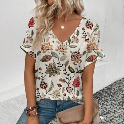 Женская футболка Летняя футболка с V-образным вырезом для женщин Повседневная мода Короткий рукав Повседневная футболка 3D-принт Женская одежда Футболка