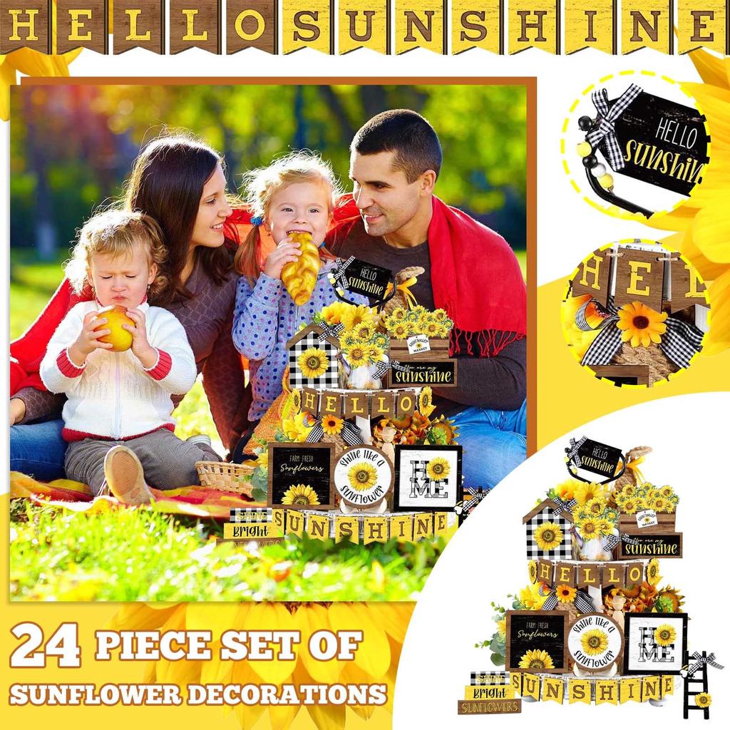 Летний набор многоуровневого декора подноса с подсолнухом, деревянный знак, деревенский летний домашний декор стола