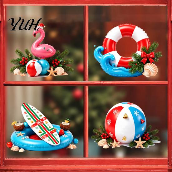 Creative Beach Theme Holiday Decor Tropical Christmas Static Window Stickers for Glass Doors And Windows, Waterproof PVC Easy Install Seasonal Clings