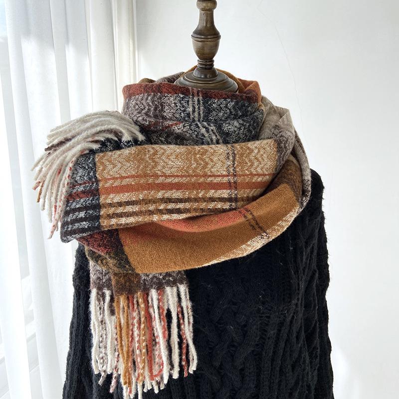 Scarf For Women, Autumn And Winter, High-End Feeling, Imitation Cashmere Plaid Tassel Shawl, Student Thick And Warm Scarf