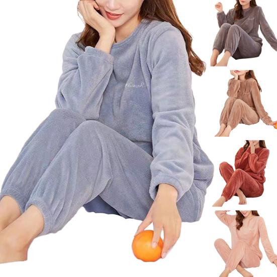 2 Pcs/Set Women Winter Pajamas Set Soft Thick Plush Cold Resistant Solid Color Round Neck Elastic Waist Long Sleeve Lady Homewear Sleeping Set