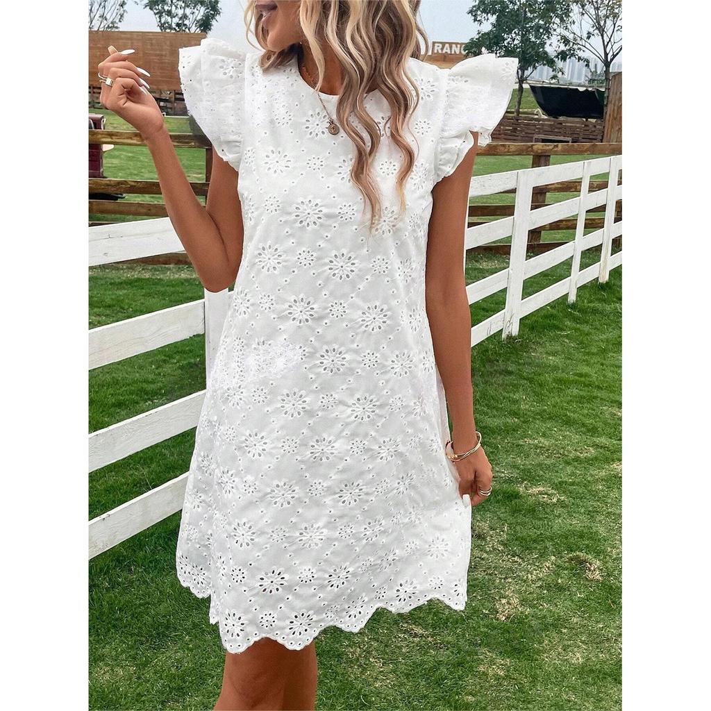 Женское модное однотонное платье с круглым вырезом и свободным рукавом из кружева