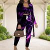Women Plus Size Red Printed Three Piece Set Long Sleeve Open Front Cardigan Strappy Top Long Pants