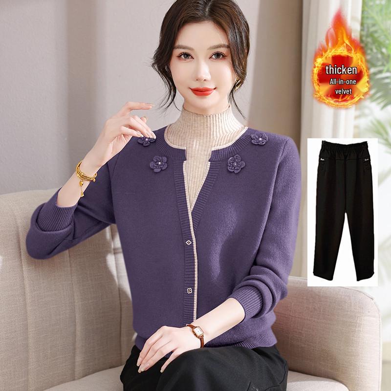 Stylish Faux Two-Piece Velvet Sweater for Middle-Aged & Elderly Women - Warm Knit Base Layer