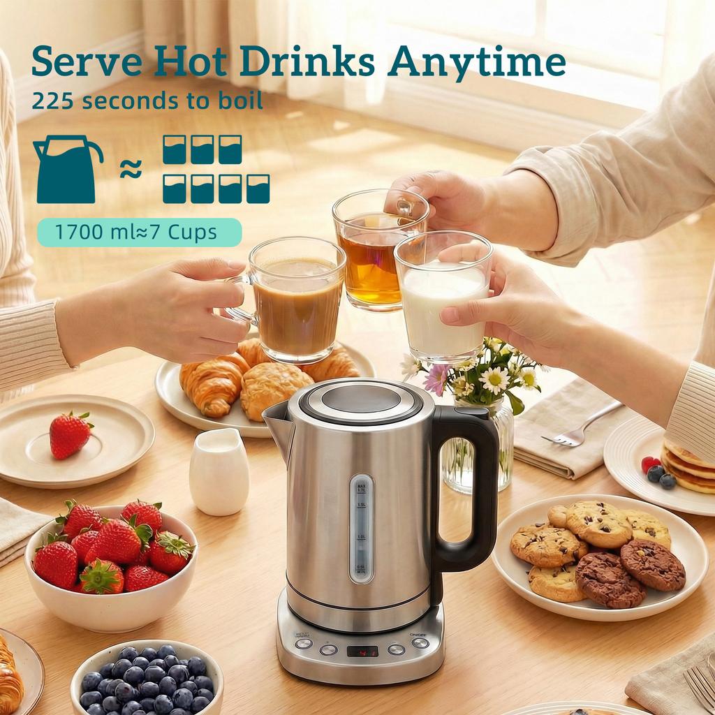 Electric Kettle, 1.7L, Fast Boil, 3kW Water Kettle with UK Strix Thermostat, Keep Warm Function, LCD Base, Silver Tone