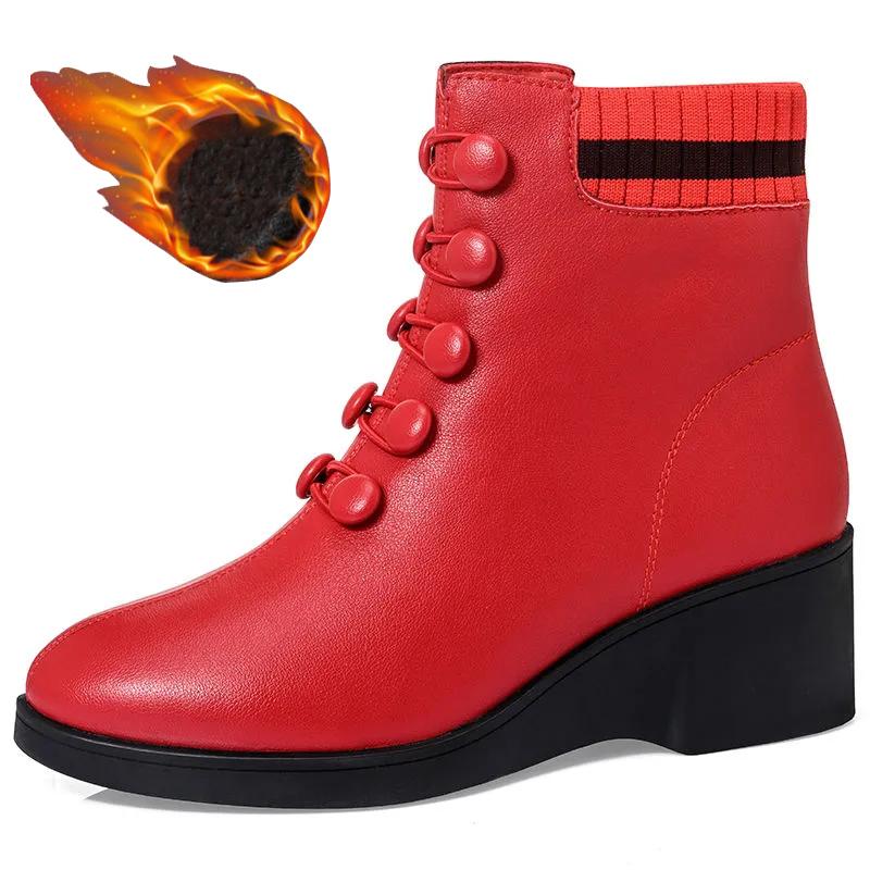 Ботинки-носки на пуговицах красного цвета для женщин, зимние ботинки из искусственной кожи с меховой подкладкой, женские ботильоны, женские ботинки на платформе