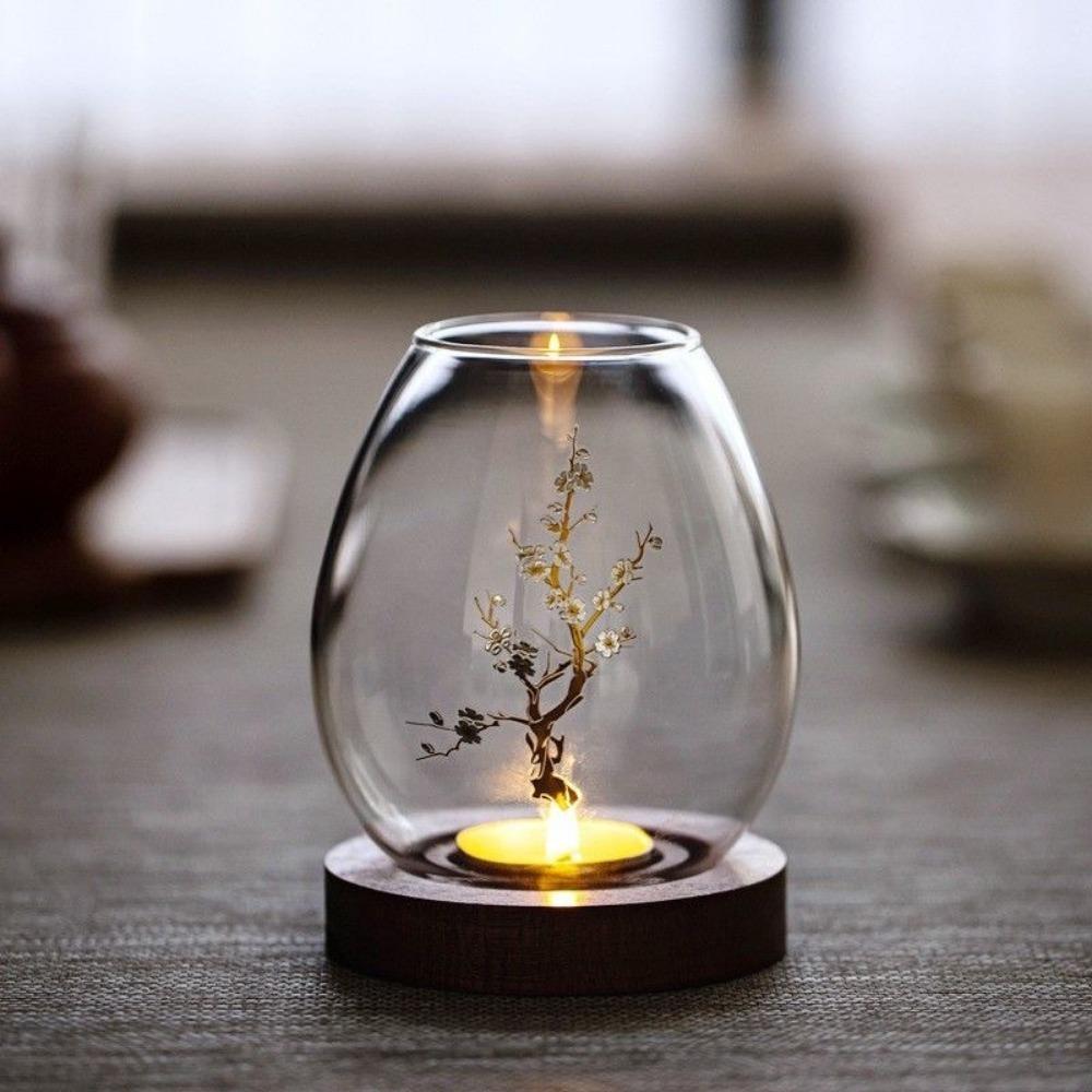 Hollow Candle Holder Transparent Candle Cup Cover Retro Glass Candlesticks Dining Table Decoration
