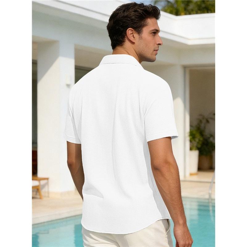 Men's Waffle Texture Short Sleeve Button Down Shirt Casual Pocketed Summer Top