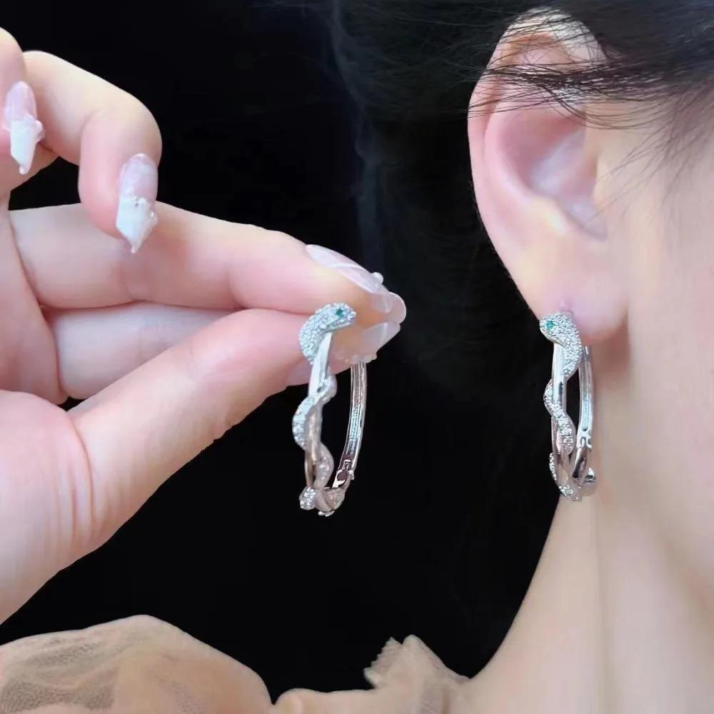 Серьги-кольца из серебристой нержавеющей стали со змеей, цирконами, для женщин. Изысканные модные ювелирные изделия. Подарок.