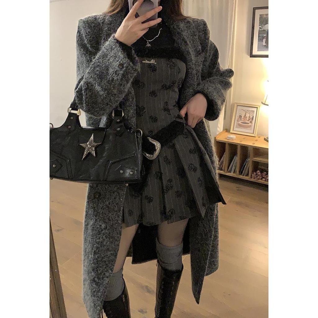 Spring Women's Y2K Vintage Spaghetti Strap Dress 2 Piece Set Black Gothic Dresses Sundress With Half High Collar Tops