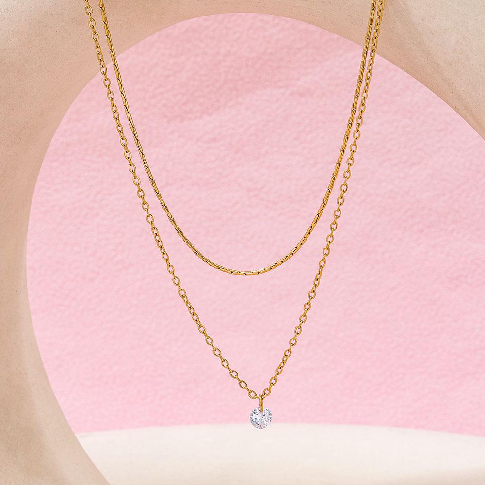 Joolim Jewelry 18K Gold Plated Flashing Round Zirconia Pendant Necklace with Double-Layer and Stainless Steel Chain