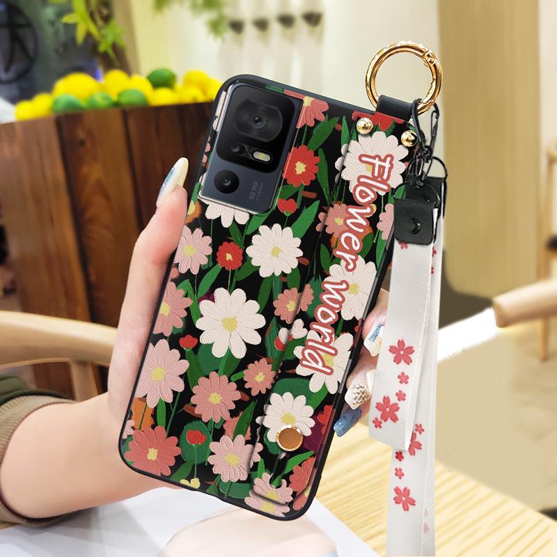 Lanyard Anti-knock Phone Case For TCL 40SE/T610K Dirt-resistant Flower Silicone Protective Ring Oil Painting Shockproof