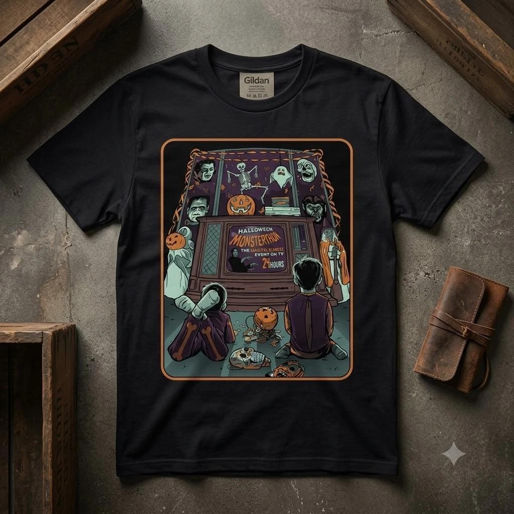Halloween Monsterthon Graphic T-Shirt Horror Movie Marathon Vintage Tee