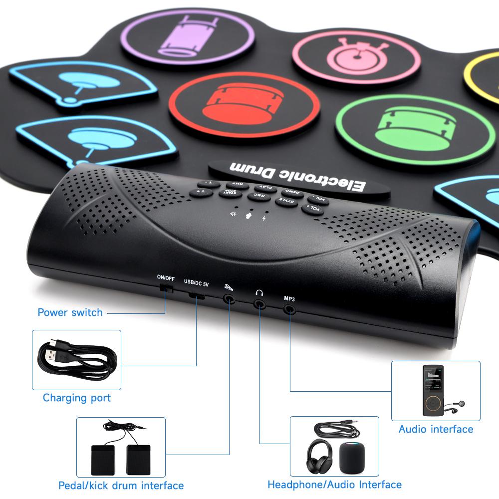 Hand Roll Drum Set 9-Pad Drum Set Built-in Stereo Speakers Foot Pedal Birthday Gift Drum Practice Set