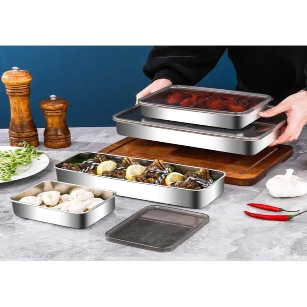 304 stainless steel square plate +201 drain rack + plastic lid fresh-keeping box multi-specification Japanese square box Silver