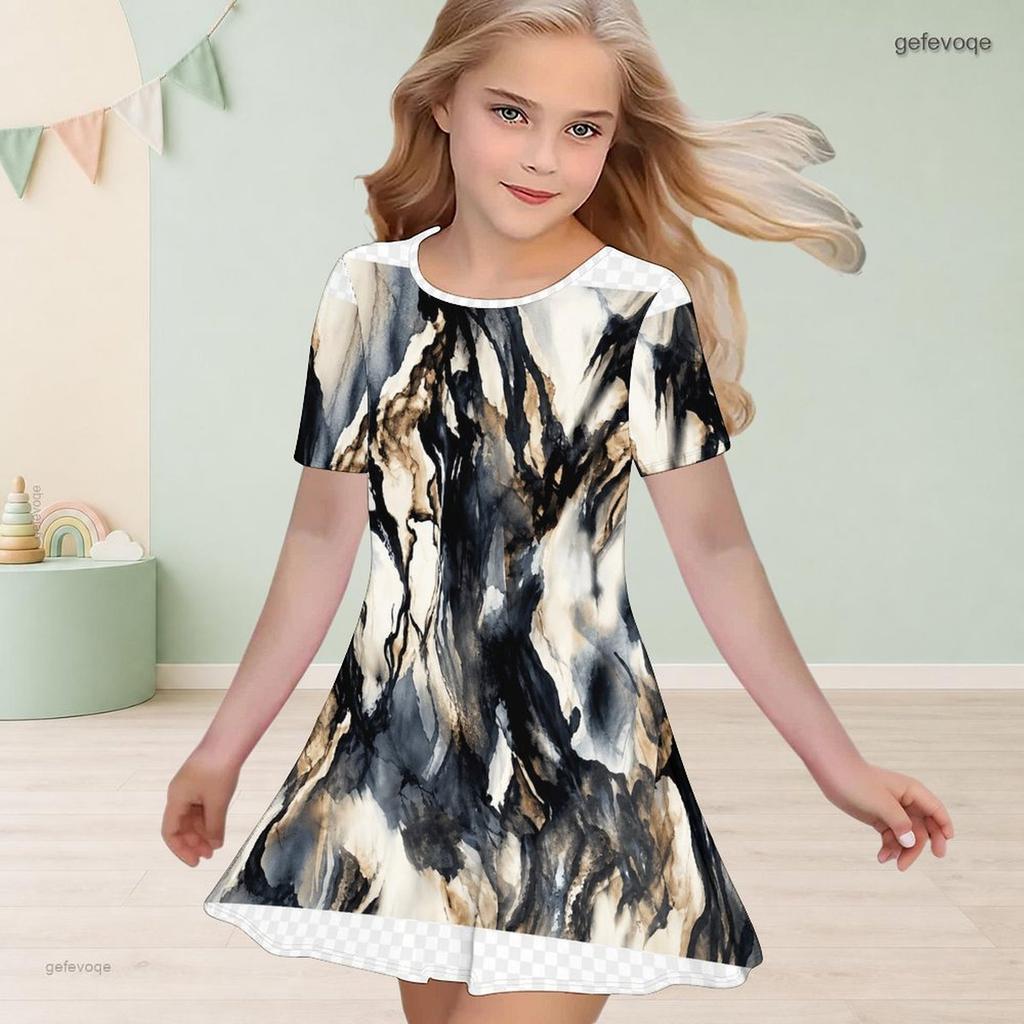 Girls Round Neck Short Sleeve Blue White Printed A Line Flared Dress