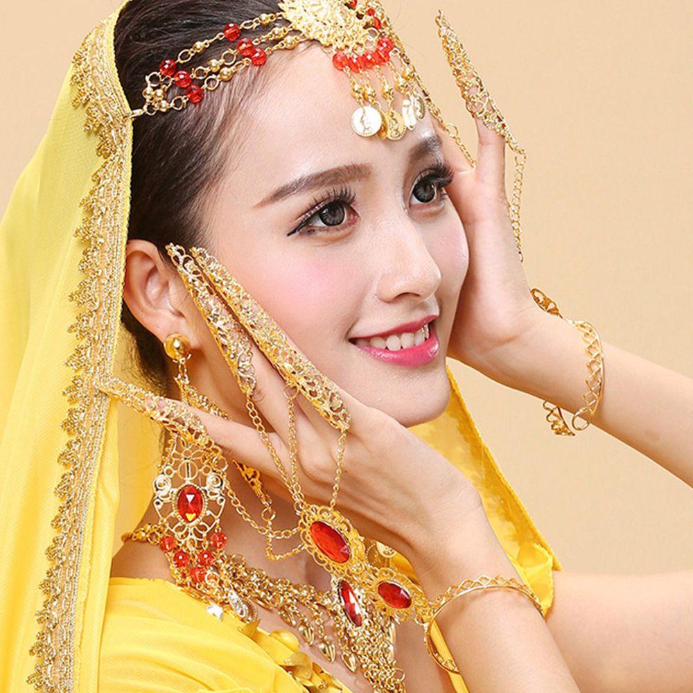 Gift Indian Thai Red Gem Nail Rings Golden Finger Bracelet Knuckle Rings Belly Dance Bracelet