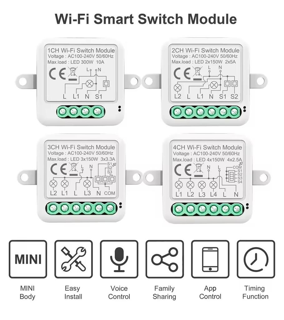 Tuya WiFi Smart Switch Module Electrical Switching Breaker 1/2/3/4Gang Lighting Switch Module Mobile APP Control Alexa