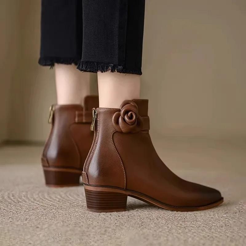 Обувь женская 2024 Ботильоны женские элегантные современные ботинки женские аппликации острый носок молния сзади низкий каблук обувь для отдыха женские
