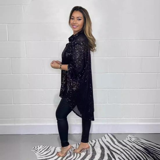 Женская рубашка с отворотом, рукавом до локтя, однобортная рубашка свободного кроя, топы с блестками, повседневная рубашка средней длины